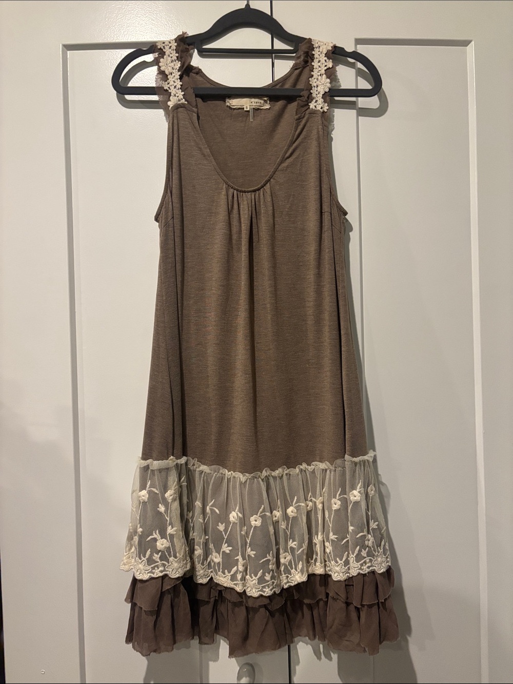 A'Reve Bronze Layered Crochet Strap Dress with Cream Lace Trim